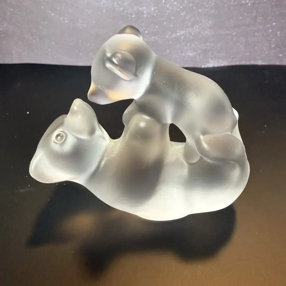 Frosted Art Glass Playful Bear & Cub Figurine Crystal de Sevres Style Unmarked